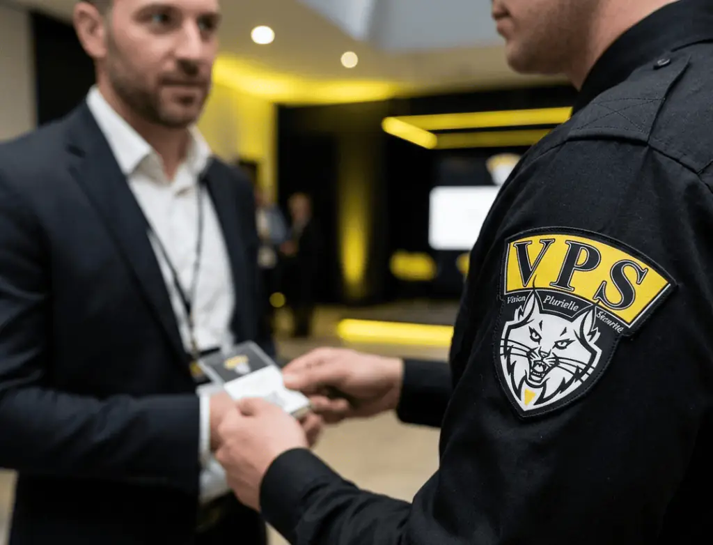 Agent vérifiant le badge d'un visiteur au contrôle d'accès d'un événement.