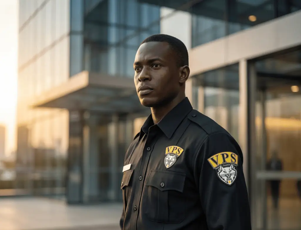 Agent de sécurité en uniforme, en poste devant l'entrée vitrée d'un immeuble de bureaux.