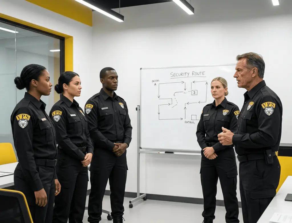 Équipe d'agents en breffage devant un tableau portant un plan de ronde.